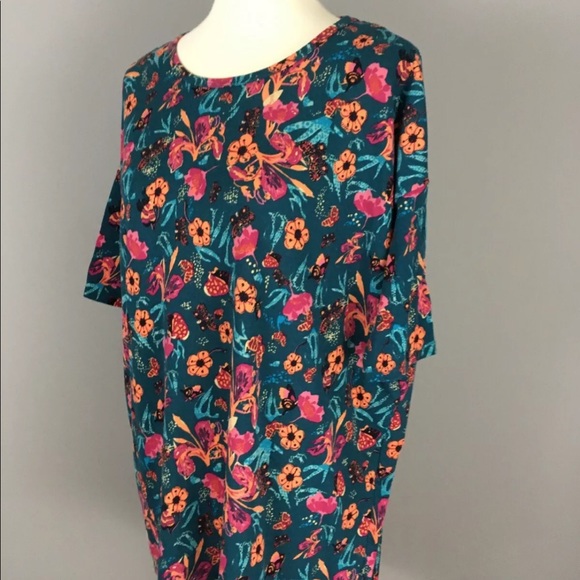 Lularoe Irma Tunic Top XS Aqua Green Floral Butterfly Print $35 Hi-Low Curved - Picture 4 of 6